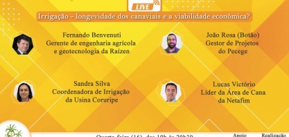 Irrigação - longevidade dos canaviais e a viabilidade econômica - é o tema da próxima live da CanaOnline